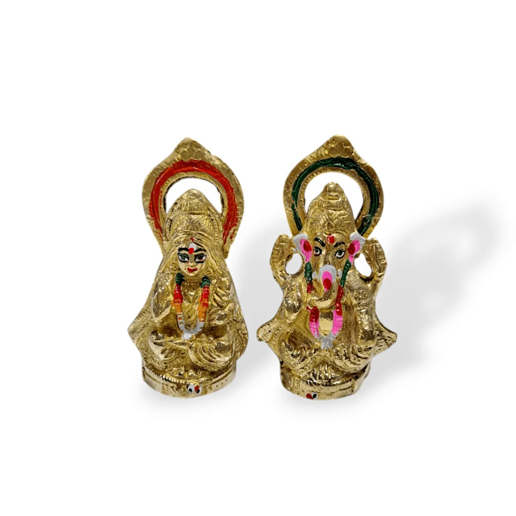 Pure Brass Lakshmi And Ganesha Golden Colored Idol - 4.3" - 4.5" Well Polished Pittal Murti
