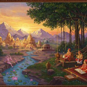 A grand panoramic view of ancient Āryāvarta, depicting the majestic Himalayas in the background with golden-hued peaks, merging traditional Madhubani art patterns with modern digital aesthetics. In the foreground, a detailed landscape showing the sacred rivers Ganga and Yamuna as ethereal, glowing blue streams decorated with lotus flowers and traditional yantra patterns. The scene features ancient Sanskrit scholars in traditional dhoti and uttariya studying under a magnificent banyan tree adorned with hanging roots intertwined with golden light particles. The middle ground showcases traditional Vedic architecture with ornate temples and astronomical observatories. The sky features intricate mandala patterns in soft pastel colors transitioning from dawn colors to dusk, symbolizing the timeless nature of the land. Vedic symbols and geometric patterns float ethereally in the atmosphere. The scene is illuminated by a combination of divine golden light and soft, otherworldly blue hues. The art style combines hyperrealistic architectural details with stylized Indian miniature painting elements, rendered in rich, deep colors of saffron, maroon, and peacock blue, with metallic gold accents throughout the composition.