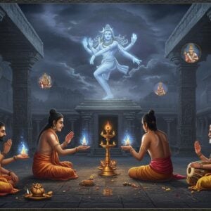 A mystical gathering of Tamil Nayanar saints in an ethereal temple courtyard, with Lord Shiva's cosmic dance form as a luminous silhouette in the background. The saints are dressed in traditional Tamil attire from various historical periods, with sacred ash marks on their foreheads and rudraksha malas. The scene features Sundarar, Appar, and Sambandar in the foreground, each radiating divine golden aura. Karaikkal Ammaiyar in her ascetic form sits in devotion nearby. The temple architecture combines Dravidian style with surreal elements, featuring floating stone pillars with intricate carvings of the saints' stories. Soft blue flames of devotion emanate from the saints' hands reaching towards Shiva. The lighting is dramatic with moonlight filtering through mystical fog, creating a supernatural atmosphere. Sacred tambura and veena instruments float in the air, suggesting divine music. Incorporates elements of traditional Chola bronze art style mixed with modern digital aesthetics, featuring rich colors like deep maroon, gold, and peacock blue. Multiple small vignettes of various saints' key moments float like translucent bubbles around the main scene. The entire composition is framed by an intricate mandala pattern featuring Shiva's symbols - trishul, damaru, and crescent moon.