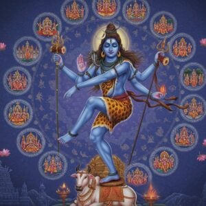 A majestic Lord Shiva, with four arms, depicted in cosmic dance pose against a deep blue-purple ethereal background. His upper right hand holds the damaru (drum), upper left holds agni (flame), lower right in abhaya mudra, and lower left lifted in dance pose. His hair flows with the cosmic dance, containing a crescent moon and the holy Ganga. Multiple translucent circular mandalas in gold and white spiral around him, each containing miniature scenes from different Thiruvilaiyadals. The background features the sacred city of Madurai in a traditional Madhubani art style, with intricate patterns in gold and deep maroon. Sacred bull Nandi appears in a peaceful meditative pose at the bottom. Floating lotus flowers and spiritual symbols in soft pastel colors (pale pink, light blue) add depth. The scene is illuminated by divine light emanating from Shiva's third eye, creating a surreal, mystical atmosphere. Lord Shiva's skin has a blue hue with intricate sacred ash patterns, wearing tiger skin and snake ornaments. The artwork should merge traditional Indian art elements with modern digital aesthetics, emphasizing both grandeur and spiritual serenity.