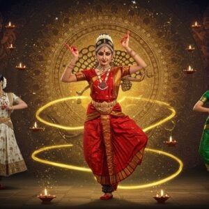 A graceful Indian classical dancer in a vibrant red and gold Bharatanatyam costume performs the signature pose 'Nataraja', her hands forming precise mudras against a grand, ornate golden mandala background. Her face shows divine serenity, adorned with traditional temple jewelry, jasmine flowers in her hair, and alta-decorated hands and feet. The scene transitions through multiple dance forms - to her left, a Kathak dancer in a flowing white and turquoise anarkali mid-chakkar, to her right, an Odissi dancer in pearl-studded green silk performing the tribhanga pose. The background features intricate Madhubani-style motifs of dancing celestial apsaras, swirling peacock feathers, and lotus patterns in deep jewel tones of sapphire, emerald, and royal purple. Ethereal golden light bathes the scene, with floating diyas creating a mystical atmosphere. The dancers' movements leave trailing ribbons of light in the air, forming dynamic geometric patterns. The scene blends photorealistic detail with surreal, spiritually-inspired digital art elements, creating a harmonious fusion of classical and contemporary aesthetics.