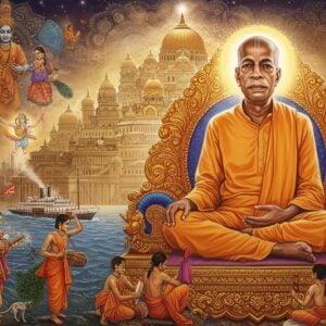 A serene portrait of Srila Prabhupada in traditional saffron dhoti and kurta, seated in padmasana on an ornate golden lotus throne, radiating divine light. His expression is peaceful and compassionate, with gentle smile and eyes filled with wisdom. Behind him, a massive ISKCON temple rises, its domes and spires reaching into a cosmic sky filled with swirling mandalas and ethereal patterns. In the foreground, multicultural devotees dance in ecstasy, holding traditional instruments like mridanga and kartalas. The scene incorporates elements of his journey - a steamship crossing an ocean made of sacred texts, the skyline of New York City rendered in celestial golden light. Floating spiritual symbols include peacock feathers, sacred tulsi plants, and delicate Sanskrit verses transforming into butterflies. The art style blends photorealistic details with traditional Indian Pattachitra patterns, using a color palette of deep saffron, royal blue, burnished gold, and soft lavender. Multiple translucent layers show glimpses of Krishna consciousness spreading across continents through geometric patterns and flowing energy lines. The lighting is warm and divine, with soft halos and spiritual aura effects.