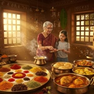 A bustling traditional Indian kitchen scene with warm golden light streaming through ornate jharokha windows, highlighting an elderly Indian grandmother in a rich maroon silk saree teaching her granddaughter in modern casual wear. On a brass thali, vibrant spices form a colorful mandala pattern - featuring red chili powder, yellow turmeric, brown cumin, and green cardamom. The foreground shows iconic Western Indian dishes arranged in traditional copper vessels: Gujarati thali with dhokla, Maharashtrian puran poli, Goan fish curry, and Rajasthani dal baati. Steam rises artistically, carrying intricate patterns of spice aromas. The background features hand-painted Warli art on mud walls, depicting cooking scenes. Decorative elements include hanging brass spice boxes, copper utensils, banana leaves, and marigold garlands. The lighting creates a warm, ethereal glow, with specks of spice dust dancing in the sunbeams. The scene combines traditional Madhubani art style with modern digital aesthetics, using deep colors like saffron, copper brown, and peacock blue. Photorealistic details in the food textures, with an overall dreamlike quality to the composition.