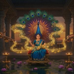 A serene Indian classical music performance scene in a grand traditional temple courtyard at dusk, featuring an ethereal female Carnatic vocalist in a rich peacock blue silk saree adorned with gold jewelry. She's seated on an ornate brass platform, surrounded by seven swirling, translucent musical notes rendered in golden light. Behind her, a large, intricate mandala pattern morphs into a peacock's tail, each feather representing different ragas through distinct color harmonies - deep crimson for Kalyani, emerald green for Shankarabharanam, and royal purple for Thodi. Floating musical instruments - veena, mridangam, and tambura - cast golden shadows. The scene is illuminated by traditional brass oil lamps creating a warm, mystical atmosphere. Intricate Madhubani-style patterns in gold and saffron flow through the pillars. Lotus flowers in various stages of bloom float in a nearby temple pond, reflecting the evening sky's gradient from deep indigo to burnt orange. The overall composition blends traditional temple architecture with surreal, flowing energy patterns representing the movement of musical notes, rendered in a modern digital art style with rich textures and ethereal lighting effects.