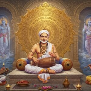 A serene ethereal scene featuring Purandara Dasa in traditional white dhoti and angavastram, seated cross-legged on an ornate marble platform, playing a tambura. His face radiates divine wisdom with a gentle smile. Behind him rises a massive golden mandala incorporating musical notations and Kannada script in intricate patterns. Floating musical notes transform into celestial flowers. The background shows a mystical temple architecture with flowing water and multiple archways, each arch depicting different aspects of his contributions - dance, music, and teaching. Soft beams of morning light filter through the arches. Two young disciples sit at his feet, while ethereal figures of dancers appear as translucent forms in the background. The scene includes traditional Carnatic music instruments - veena, mridangam, and flute - arranged in a circular pattern around him. The color palette combines deep maroons, peacock blues, and gold with soft pastels. The art style merges traditional Mysore painting techniques with modern digital aesthetics, creating a harmonious blend of classical and contemporary elements. Detailed architectural elements feature traditional South Indian temple motifs and symbols of Karnataka's cultural heritage.