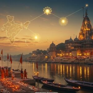 A serene panoramic view of the sacred Ravidas temple in Varanasi during golden hour, featuring intricate Madhubani-style architecture with modern elements. The main temple structure glows with soft golden light, surrounded by peacock blue domes and saffron-colored flags. In the foreground, a group of Indian devotees in traditional attire walk on a path decorated with intricate rangoli patterns and lotus flowers. The middle ground shows the holy Ganges river with small diyas floating, their lights reflecting in the water. The background features a stylized map outline of India with three glowing points representing Varanasi, Beenas, and Seer Govardhanpur, connected by golden threads. The scene is enhanced with spiritual symbols like lotus flowers and mandalas floating ethereally in the sky, rendered in a combination of traditional Pattachitra art style and modern digital techniques. The color palette focuses on deep maroons, rich golds, and peaceful blues, with soft glowing highlights throughout the composition. Photorealistic, cinematic lighting, ultra detailed, divine atmosphere, 8k resolution.