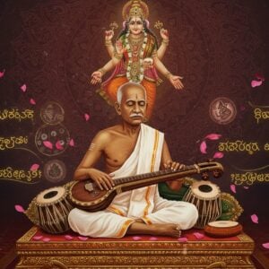 An elderly, distinguished Syama Sastri in traditional white dhoti and angavastram, seated cross-legged on an ornate wooden platform, playing a vintage tambura. His face shows deep concentration with closed eyes and a serene expression. Around him float ethereal, translucent musical notations in Telugu script, transforming into golden peacocks and swans. The background features a large, intricate mandala in deep maroon and gold, with smaller mandalas representing his famous ragams - Anandabhairavi, Bhairavi, and Yadukulakambhoji. Devi Kamakshi's divine form appears as a subtle, glowing outline in the upper portion, surrounded by soft, golden light rays. The scene is decorated with period-accurate musical instruments - veena, mridangam, and tambura - arranged in a circular pattern. Soft pastel hues of pink and blue create a mystical atmosphere, while traditional Tanjore painting style elements frame the composition. The lighting is warm and focused on Sastri, creating a spiritual ambiance with floating lotus petals and subtle incense smoke swirls.