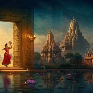 A majestic panoramic scene depicting India's diverse heritage, centered on an ornate golden doorway with intricate Madhubani patterns merging into a modern glass facade. The doorway frames multiple ethereal scenes: a classical Bharatanatyam dancer in a vibrant red silk costume performing with mudras against floating mandalas, ancient stone temples of Khajuraho with detailed carvings transitioning into modern architecture, and a royal Indian palace with peacock-themed jharokhas. The foreground features a serene lotus pond reflecting the scene, with floating diyas emanating soft, glowing light. Traditional motifs like peacocks, elephants, and Sanskrit symbols are woven throughout in a contemporary geometric pattern. The color palette combines deep royal blues, burnished golds, rich crimsons, and emerald greens. Rays of divine light filter through, creating an otherworldly atmosphere. The scene is rendered in a fusion style combining traditional Pattachitra art techniques with modern digital artistry, featuring high dynamic range lighting and subtle particle effects. The composition flows from left to right, leading the viewer's eye through India's journey from ancient to modern times.