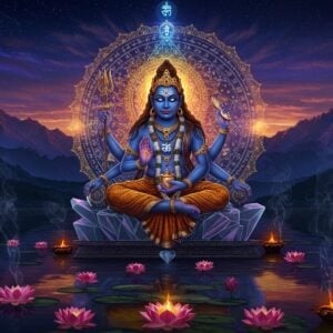 A mystical scene depicting Lord Bhairava in his cosmic form, seated in padmasana on a crystal throne. He has four arms - right hands holding a damaru and trident, left hands holding a skull cup and abhaya mudra. His face is serene yet intense, with three eyes glowing with divine wisdom. Behind him, a massive mandala structure in deep indigo and gold emanates sacred geometrical patterns and Sanskrit syllables in luminescent light. The background shows the Himalayan peaks at twilight with swirling cosmic energies in deep purples and blues. In the foreground, lotus flowers float on a reflective pool that mirrors the celestial scene above. Subtle smoke from burning incense creates ethereal patterns in the air. The art style combines traditional Kashmiri Shaivite iconography with modern digital aesthetics, using a color palette of deep midnight blues, burnished golds, saffron orange and silver. Intricate Tantric patterns and symbols are woven throughout the scene in glowing threads of light. The overall atmosphere is one of profound spiritual mystery and transcendental knowledge.