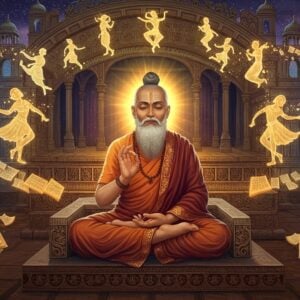 A majestic scene depicting Abhinavagupta, portrayed as a distinguished Indian sage with a serene expression, gracefully seated in padmasana on an intricately carved stone platform. He wears traditional Kashmir Shaivite robes in deep maroon with gold embellishments. His hands are positioned in chinmudra, symbolizing wisdom. Behind him rises a massive, ornate theater stage designed in classical Indian architecture, with golden pillars and carved details. The stage features ethereal, translucent figures of dancers in various classical mudras, their forms created from glowing golden light. Floating manuscripts with Sanskrit text spiral around him, transforming into dancing figures. The background features a blend of Madhubani and Pattachitra art styles, showing intricate patterns of peacock blue and saffron. Soft, mystical light emanates from crystal-clear Kashmir mountains in the distance. Multiple translucent rings of mandalas, featuring natya karanas (dance positions) float in the space around him. The entire scene is rendered in a harmonious mixture of traditional and digital art styles, with an emphasis on rich, deep colors and subtle golden highlights.