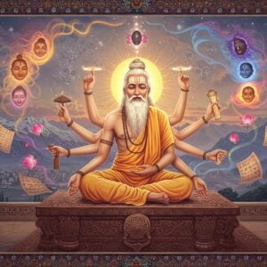 A serene Indian sage with long silver hair and traditional white dhoti, identifiable as Abhinavagupta, seated in padmasana on an intricately carved stone platform. He's illuminated by a soft, ethereal golden light, with multiple translucent layers of consciousness represented as concentric mandalas radiating from his form. His hands form the jnana mudra. The background features the Kashmir valley with snow-capped peaks, rendered in a dreamy, mystical style with floating Sanskrit manuscripts and scrolls. Around him, nine distinct emotional states (nava rasas) are depicted as swirling, colorful energy streams in deep maroon, saffron, and peacock blue. Lotus flowers in various stages of bloom float in the air, symbolizing spiritual awakening. The scene incorporates elements of traditional Kashmiri Shaivism with detailed Madhubani-style patterns in the borders. The lighting creates a dramatic interplay of light and shadow, with subtle glowing effects highlighting the philosophical concepts. Artistic style combines hyperrealistic features with ethereal, spiritual elements in a modern digital art aesthetic.