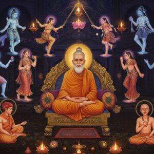 A masterful Indian sage Abhinavagupta in traditional Kashmir Shaivite attire (saffron-maroon robes) seated in padmasana on an ornate golden throne, surrounded by nine ethereal, translucent figures each representing a different rasa - a warrior in battle stance (Vira), a dancing couple (Shringara), a laughing monk (Hasya), a weeping mother (Karuna), an enraged tiger-faced being (Raudra), a fearful deer (Bhayanaka), a disgusted face turning away (Bibhatsa), an awestruck devotee (Adbhuta), and a peaceful yogi (Shanta). Each figure emits a distinct colored aura matching their emotional essence. The background features intricate Kashmiri architectural elements with flowing geometric patterns and mandalas. Floating lotus petals and spiritual symbols in gold surround the scene. The lighting creates a dramatic interplay of light and shadow, with soft glowing orbs illuminating each rasa figure. Style combines traditional Kashmiri miniature painting techniques with modern digital art aesthetics, using deep jewel tones and metallic accents. The composition spirals around Abhinavagupta, creating a dynamic visual flow between all nine rasas.