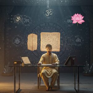 A serene modern Indian study space illuminated by soft golden light, featuring a young Indian person in contemporary clothing (crisp white kurta) seated at a sleek glass desk. On the desk, a floating holographic display shows ancient Sanskrit texts with real-time translations. Traditional palm leaf manuscripts and modern tablets seamlessly blend together, surrounded by ethereal, glowing Devanagari characters that fade into sparkles. The background features a large, intricate mandala pattern in deep indigo and gold, with subtle representations of the Vedas in each cardinal direction using traditional Madhubani art style. Floating above are ethereal visualizations of key Hindu concepts - a cosmic Om symbol, the sacred thread, and lotus flowers in pastel hues. The scene is framed by modern architectural elements with carved pillars featuring traditional Hindu motifs. Multiple translucent layers of ancient texts float in 3D space, creating depth. The lighting is warm and mystical, with rays of light filtering through crystal prisms, creating rainbow refractions. Hyperrealistic digital art style with subtle sacred geometry patterns interwoven throughout. The atmosphere suggests a perfect blend of ancient wisdom and futuristic technology.