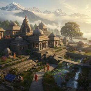 A serene aerial view of an ancient stone ashram complex nestled in the Himalayas, with modern guest houses and facilities seamlessly integrated into the landscape. The ashram features traditional Indian architecture with carved pillars and domed meditation halls, surrounded by terraced gardens with blooming lotus ponds. A soft golden morning light bathes the scene, creating long shadows and mystical atmosphere. In the foreground, a well-maintained pathway lined with prayer flags leads to the main entrance. Modern amenities like solar panels and eco-friendly cottages blend harmoniously with the traditional structures. Towering snow-capped peaks form the backdrop, with wispy clouds creating a dreamlike effect. Small figures of tourists and spiritual seekers in both modern and traditional attire can be seen walking the grounds. The scene includes subtle Madhubani-style decorative elements in the borders of buildings, while maintaining a photorealistic quality. Natural elements like sacred trees, flowing streams, and meditation spaces are prominently featured. The lighting suggests early morning or late afternoon golden hour, casting everything in a warm, inviting glow. Style: hyper-realistic digital art with subtle traditional Indian artistic elements.