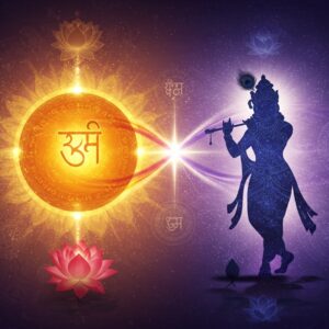 A mesmerizing digital illustration showing two interconnected cosmic forms - one a brilliant golden sphere representing Brahman, the other a detailed silhouette of Lord Krishna in his classic pose with flute. The forms are simultaneously separate yet merged through intricate Madhubani-style patterns flowing between them. Krishna appears in rich peacock blue hue with ornate crown and pitambara, while the Brahman sphere radiates warm saffron light. Floating mandalas and sacred geometric patterns in gold and deep maroon surround the scene. Multiple translucent lotus flowers in various stages of bloom create depth. The background features a gradient from deep indigo to soft pastels, with subtle Devanagari scripts barely visible like whispers. Streams of light particles and ethereal energy connect the two forms in a figure-8 infinity pattern. The overall composition suggests both unity and duality through intentional use of contrasting yet harmonious elements. Art style merges traditional Indian motifs with modern digital art techniques, creating a surreal, mystical atmosphere.