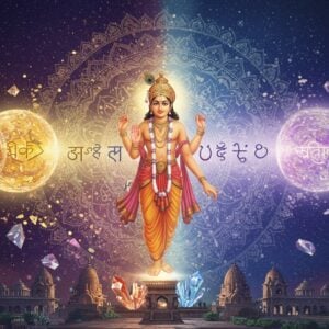 A surreal, ethereal scene showing two intertwined cosmic forms - one representing unity (depicted as a luminous golden sphere) and one representing diversity (shown as a kaleidoscopic pattern of multiple colors). At the center, Lord Chaitanya Mahaprabhu in traditional Bengali dhoti, radiating divine light, his hands raised in a teaching mudra. Around him, floating Sanskrit, Chinese, Arabic, and Latin letters transform into lotus petals, creating a bridge between different cultural symbols. The background features a large, intricate Madhubani-style mandala in deep indigo and gold, with flowing patterns representing the cosmic dance of oneness and difference. Multiple translucent layers of reality showing both separation and connection, with gentle light rays in soft pastels (lavender, rose gold, and cyan) piercing through. Traditional Indian architectural elements merge seamlessly with contemporary geometric patterns. The scene is enhanced with floating crystal prisms refracting light, creating rainbow bridges between different cultural motifs. The overall composition follows sacred geometry principles with a modern, digital art finish, maintaining a balance between traditional Indian art elements and contemporary design aesthetics.