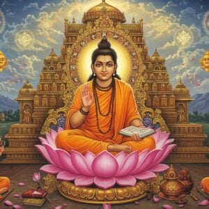 A majestic portrait of Adi Shankara as a young ascetic with serene expression, wearing saffron robes, seated in padmasana on a golden lotus platform. His right hand is raised in chinmudra while his left hand holds the sacred texts. Behind him rises a massive, ornate temple architecture in Kerala style with intricate Madhubani-inspired patterns. The scene is illuminated by divine golden light streaming through clouds. Four disciples sit at lower corners, representing the four Amnaya Mathas. Floating symbols include the Vedas, a water pot, and a staff. The background features a large mandala combining sacred geometry with Advaita philosophy symbols. Mountains of Kalady visible in far distance. The art style merges traditional Indian Pattachitra techniques with modern digital art, using rich colors of deep saffron, celestial blue, and burnished gold. Ethereal lotus petals and sacred Sanskrit symbols float in the air. The lighting creates a mystical atmosphere with soft glows and subtle light rays.