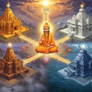 A mystical aerial view of four magnificent ancient Indian temples arranged in a mandala pattern, each representing Adi Shankara's mutts. Each temple glows with distinct aura colors - Sringeri in saffron, Dwaraka in emerald, Jyotirmath in pristine white, and Puri in deep ocean blue. At the center, a luminous figure of Adi Shankara in traditional ochre robes sits in padmasana, hands in chinmudra, radiating golden light. Sacred geometric patterns and intricate Madhubani-style mandalas float between the temples, connected by streams of flowing light. The temples are surrounded by their geographical elements - Sringeri nestled in misty Western Ghats, Dwaraka rising from Arabian Sea waves, Jyotirmath amidst snow-capped Himalayas, and Puri alongside Bay of Bengal shores. Swirling Sanskrit verses in golden light connect all four temples to Shankara. The scene has a dreamy, ethereal quality with soft glowing orbs, floating lotus flowers, and translucent layers of spiritual energy. Art style combines hyperrealistic architectural details with magical surrealism, rendered in rich jewel tones with golden accents. The lighting creates a divine atmosphere with sun rays filtering through clouds, illuminating the entire sacred composition.