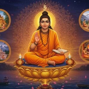 A majestic portrayal of Adi Shankara as a young sage with serene expression, seated in padmasana on a golden lotus platform floating above the sacred Narmada river. He wears traditional saffron robes with intricate Madhubani-style patterns. His right hand is raised in chinmudra, while his left hand holds the Vedantic scriptures. Behind him rises a large, ethereal mandala combining the Om symbol and intricate sacred geometry in glowing copper and gold hues. Four distinct smaller scenes surround him in circular vignettes: the Kanchi Kamakoti Peetham, the snow-capped Himalayas, the Sharada temple, and scholars in philosophical debate. Floating spiritual symbols include the Advaita symbol of the sun reflected in multiple water pots. The background features a gradient from deep midnight blue to dawn orange, with subtle Sanskrit verses floating as light particles. Mystical golden light bathes the scene, while lotus petals and sacred ash particles float in the air. The art style combines hyperrealistic digital rendering with traditional Indian Pattachitra patterns, creating a surreal yet deeply spiritual atmosphere.