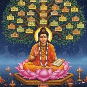 A serene scene depicting Adi Shankara seated in padmasana on a golden lotus platform, wearing saffron robes with intricate Madhubani-style patterns. He holds ancient palm leaf manuscripts in his lower right hand, his upper right hand in chinmudra, lower left hand holding a kamandalu, and upper left hand holding the Vedas. Behind him rises a massive cosmic tree of knowledge with branches forming Sanskrit texts of his works - Viveka Chudamani, Bhaja Govindam, and Brahma Sutra Bhashya in a glowing ethereal script. The tree's leaves are made of shimmering golden light particles. In the background, a large mandala pattern in peacock blue and gold radiates outward, containing subtle sacred geometric patterns. Four enlightened disciples sit at each corner, representing the four mathas he established. Floating crystal spheres containing scenes from his philosophical debates gently orbit around him. The lighting is otherworldly with soft blue and golden hues creating a mystical atmosphere. The art style seamlessly blends traditional Pattachitra techniques with modern digital art aesthetics, creating depth through multiple layers of intricate details and a subtle gradient fog effect.