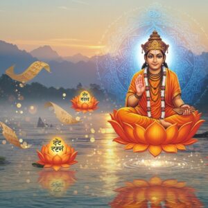 A serene portrait of Adi Shankara seated in padmasana on a golden lotus floating above the sacred Ganges, wearing saffron robes with intricate Madhubani-style patterns. His right hand is raised in chinmudra, left hand holding the Vedantic texts. His face is young and radiant with a peaceful expression, adorned with vibhuti marks. Behind him, a large ornate mandala glows in ethereal blue and gold, incorporating the Om symbol. Surrounding him are four smaller floating lotuses with his main philosophical texts. The scene is set during sunrise, with soft rays filtering through misty Himalayan peaks in the background. Flowing water below reflects golden light. Multiple translucent layers of sacred Sanskrit texts float like gossamer in the air. The art style combines traditional Pattachitra elements with modern digital aesthetics, using a color palette of deep saffron, celestial blues, and metallic gold. Subtle particle effects and light orbs add a mystical atmosphere. The bottom of the image shows his reflection in the crystal-clear waters of the Ganges.