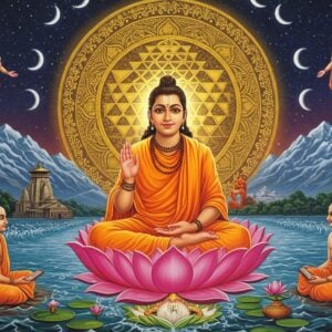 A serene portrayal of Adi Shankara as a young sage with traditional shaven head and saffron robes, seated in padmasana on a sacred lotus emerging from cosmic waters. His right hand is raised in chinmudra while his left hand holds ancient palm leaf scriptures. Behind him rises a massive golden Sri Yantra mandala emanating rays of divine light. The scene is framed by the holy Himalayas with the Kedarnath temple visible in soft focus. Floating ethereally around him are four disciples in meditation, representing the four monasteries he established. The color palette combines deep saffron, celestial blues, and metallic golds. Sacred symbols of Advaita Vedanta - the snake and rope, multiple moons, and waves merging into ocean - are subtly woven into the background using Madhubani art patterns. The lighting creates a divine aura around Shankara's form, with swirling sacred Sanskrit verses transforming into pure light. The art style merges hyperrealistic digital painting with traditional Indian miniature art techniques, creating a mystical yet contemporary aesthetic.