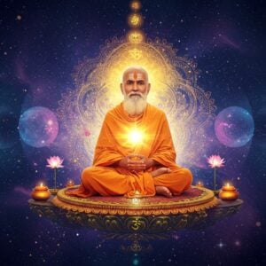 A serene Indian sage in ochre robes seated in padmasana on a floating lotus platform, emanating golden light, against a cosmic background showing the merger of individual consciousness with universal consciousness. The background transitions from multiple distinct spheres of existence into a single unified golden sphere, symbolizing non-dualism. Intricate Madhubani-style patterns in gold and deep blue form sacred geometrical mandalas around the sage. Multiple transparent layers showing the same sage, each becoming more ethereal and light-filled, merging into one ultimate form. Floating lotus flowers, vedic symbols, and subtle sacred threads in metallic gold weave through the scene. The lighting is otherworldly with soft glows in turquoise and gold. The sage's expression is peaceful and enlightened, with a subtle smile. The art style combines hyperrealistic digital rendering with traditional Indian artistic elements, creating a modern spiritual aesthetic. Small floating lights and subtle energy streams connect everything in the composition, emphasizing interconnectedness. The color palette focuses on deep blues, celestial purples, and radiant golds.