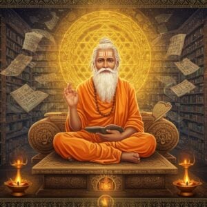 A serene, elderly Indian sage with flowing white beard, draped in saffron robes, seated in padmasana on an intricately carved stone platform adorned with Vedic symbols. He holds ancient palm leaf manuscripts in one hand while the other forms the chin mudra. Behind him, a large, ethereal golden Sri Yantra radiates divine light. The background features a mystical library with floating ancient Sanskrit texts and geometric patterns merging into cosmic spirals. Multiple transparent layers showing the concepts of Brahman and Maya through visual metaphors - a rope appearing as a snake, waves merging into the ocean, and reflections of the moon in water. The scene is illuminated by warm golden light with touches of deep indigo and celestial blues. Soft glowing orbs and subtle mandalas float in the space. The art style combines traditional Madhubani patterns in the borders with modern digital painting techniques, creating a surreal yet scholarly atmosphere. The sage's face reflects deep wisdom and enlightenment with a gentle smile.