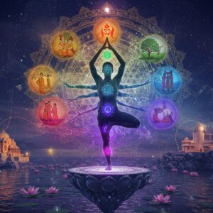 A serene Indian yogi in modern athletic wear blended with traditional elements, performing an intricate yoga pose on a floating lotus platform. The figure is surrounded by multiple translucent layers showing the same person performing different acts of service - teaching children, planting trees, serving food to the needy. Each layer emanates a different chakra color, creating a rainbow effect. The background features a large, intricate Madhubani-style Sri Yantra mandala in gold and deep blue. Swirling energy patterns connect each action scene, symbolizing karma. Divine light particles and subtle sacred geometry patterns fill the space. The lighting is ethereal with a combination of cool moonlight and warm golden hues. The scene includes modern elements like solar panels and sustainable architecture merged with traditional temple structures. Floating lotuses, water ripples, and light orbs add mystical elements. The art style combines hyperrealistic digital rendering with traditional Indian art patterns, featuring rich jewel tones of sapphire, gold, and deep purple, with hints of rose quartz and celestial blue.