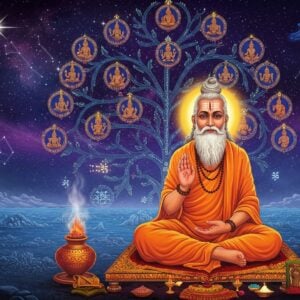 A majestic scene depicting Sage Agastya in traditional orange-saffron robes, seated in padmasana on a sacred lotus platform, radiating divine golden aura. He has a flowing white beard, sacred thread, and holds a kamandalu in his right hand and vedic scriptures in his left. Behind him rises an ethereal family tree visualization with intricate Madhubani-style branches in deep indigo and gold, each branch ending in softly glowing mandalas. The background features the celestial star Canopus (Agastya star) shining brilliantly in a cosmic purple-blue sky filled with constellation patterns. The lower portion shows the seven sacred rivers of India flowing in crystalline blue waters, referencing Agastya's mythological feat. Surrounding the sage are subtle symbols of his lineage - the Kumbha (pot), sacred fire, and rare herbs. The entire scene is rendered in a fusion of traditional Pattachitra art style with modern digital aesthetics, using rich colors like deep maroon, saffron, and peacock blue. Floating spiritual symbols and sacred geometry patterns create a mystical atmosphere, while soft light particles and ethereal mist add depth and spirituality to the composition.