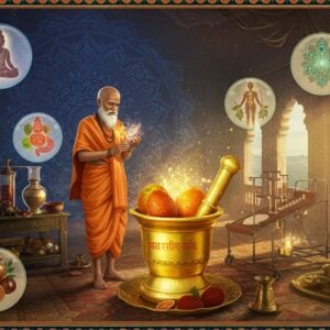 A mystical Indian laboratory setting with a sage-like elderly Indian man in traditional orange dhoti and angavastram, resembling Maharishi Agastya, performing sacred herb preparation. In the center, a golden mortar and pestle containing Haritaki fruits emitting a divine ethereal glow. The scene features intricate Madhubani-style borders with medicinal plants and herbs. Surrounding the central figure are floating, translucent visualization bubbles showing the benefits - one showing a peaceful meditating figure, another displaying improved digestion symbolized by a golden outline of a human body with glowing chakras. The background features a large, detailed mandala in deep indigo and gold, with sacred Sanskrit symbols delicately woven into its pattern. Modern laboratory equipment made of copper and brass blend seamlessly with traditional Ayurvedic tools. Soft beams of morning sunlight filter through ornate windows, creating a warm, healing atmosphere. The color palette focuses on rich browns, deep yellows, and forest greens, with occasional touches of vibrant saffron and peacock blue. Hyperrealistic digital art style with magical realism elements.