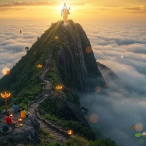 A mystical aerial view of Agastya Mala peak at sunrise, shrouded in ethereal morning mist with golden rays piercing through clouds. A winding mountain trail decorated with traditional Kerala-style oil lamps leads to the summit temple. In the foreground, three Indian trekkers in modern hiking gear adorned with rudraksha malas meditate on a cliff edge. The scene features sacred herbs like Brahmi and butterflies native to Western Ghats. Ancient stone steps with intricate Madhubani-style carvings merge into the natural rock formation. The color palette combines deep forest greens, misty blues, and warm golden sunlight. Sacred lotus flowers float in a mountain pool reflecting the peak. Sage Agastya's silhouette appears as a subtle pattern in the clouds, with his traditional form holding kamandalu and danda. The art style combines photorealistic landscape photography with spiritual Indian art elements, creating a serene, ethereal atmosphere. Soft glowing orbs of light scatter across the scene, suggesting divine presence.