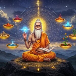 A mystical portrait of Sage Agastya, depicted as an elderly Indian man with a serene expression, glowing golden aura, and flowing white beard, seated in padmasana on a sacred hilltop overlooking the Western Ghats. He wears traditional saffron robes with intricate Madhubani-style patterns. His right hand holds a kamandalu radiating blue energy, while his left palm cradles ancient palm leaf manuscripts. Around him float seven rotating golden discs containing different Siddha medicinal herbs. The background features a large, ethereal mandala in deep indigo and gold, with Tamil scripts seamlessly integrated into its patterns. Surrounding the sage are manifestations of his powers - a miniature ocean being contained in his kamandalu, healing plants sprouting from the earth, and celestial constellations aligning above. The scene is illuminated by soft, divine light breaking through monsoon clouds, creating a dreamlike atmosphere. The art style combines traditional Tantric art elements with modern digital aesthetics, featuring rich jewel tones of maroon, deep blue, and gold, with intricate sacred geometry patterns emerging from the ground beneath him. Hyperrealistic digital art with mystical elements, cinematic lighting