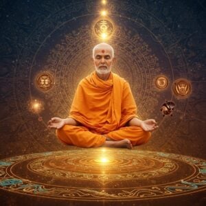 A serene Indian ascetic in traditional saffron robes meditating in the lotus position, floating above a cosmic spiral representing determinism and destiny. The background features intricate Madhubani-style patterns in deep indigo and gold, depicting the cycle of time. Sacred geometry patterns and mandalas radiate from the central figure, with subtle symbols of niyati (fate) woven throughout. The ascetic's face is peaceful, with eyes closed in deep meditation, surrounded by a soft ethereal glow. Floating around him are stylized elements showing the atoms and elements of Ajivika cosmology in metallic bronze and copper hues. The bottom portion shows flowing river-like patterns representing the inevitability of karma, decorated with traditional Indian motifs. The lighting is mystical with warm golden rays filtering through, creating an atmosphere of ancient wisdom. The art style merges traditional Indian Pattachitra techniques with modern digital art, using a color palette of deep saffron, burnished gold, royal blue, and earthy browns. Photorealistic rendering with spiritual overtones.
