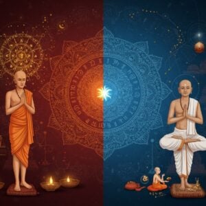 A dramatic split composition showcasing two distinct philosophical paths - on the left, an Ajivika ascetic in minimal clothing with a serene expression, standing beneath a cosmic wheel symbolizing determinism, surrounded by flowing streams of golden fate lines. On the right, a Jain monk in traditional white clothing performing kayotsarga pose, encompassed by small creatures and ahimsa symbols. The center features a rising lotus mandala where the two sides meet, with intricate Madhubani-style patterns in deep indigo and saffron. The background transitions from deep maroon to peacock blue, adorned with subtle sacred geometry patterns. Floating elements include karma beads, meditation cushions, and swirling energy patterns. The lighting creates a mystical atmosphere with soft golden rays filtering through the scene. The art style combines traditional Indian miniature painting techniques with modern digital art aesthetics, featuring rich textures and metallic accents. The composition includes detailed architectural elements from ancient Indian monasteries in the background, rendered in a surreal, ethereal manner.