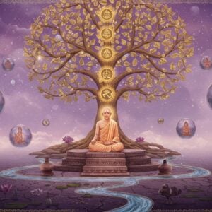 A serene ancient Indian philosophical scene featuring a central enlightened Ajivika monk in simple white robes, seated in deep meditation on a carved stone platform. Behind him, a massive intricate Madhubani-style tree of life emerges, its branches forming cosmic patterns representing determinism and destiny. The tree's leaves are made of golden sacred geometry patterns. In the foreground, multiple paths made of flowing water merge into one stream, symbolizing the Ajivika belief in predetermined fate. Floating spheres of different sizes orbit around the monk, each containing glimpses of different aspects of life - birth, death, joy, and sorrow. The scene is illuminated by an ethereal light creating a mystical atmosphere with soft purple and gold hues. Traditional Indian motifs and patterns adorn the borders, while small details like lotus flowers, peacocks, and ancient Indian astronomical symbols float in the background. The art style combines hyperrealistic digital rendering with traditional Indian art elements, creating a contemporary spiritual aesthetic. The overall composition suggests both ancient wisdom and timeless relevance.