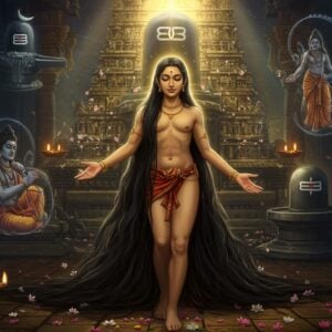 A luminous portrait of Akka Mahadevi, depicted as a serene young Indian woman with long, flowing black hair cascading down to her feet, clothed only in her tresses as per historical accounts. Her face radiates divine peace with closed eyes in meditation, surrounded by a soft golden aura. She stands beneath a massive ancient stone Shiva temple with intricate Hoysala architecture, with a large Shiva lingam visible in the background emitting ethereal blue light. Multiple translucent vignettes float around her showing scenes: her writing poetry on palm leaves, dancing in devotion, and teaching disciples. The scene is decorated with blooming jasmine flowers and floating diyas. The color palette focuses on deep browns, gold, and midnight blues with touches of white light. The art style merges traditional Hoysala temple art with modern digital painting techniques, creating an ethereal atmosphere. Sacred geometry patterns and Lingayat symbols float in the background. The lighting is dramatic with divine rays breaking through temple pillars, highlighting her devotional ecstasy. Multiple transparent Shiva lingams float in a circular pattern around her form.