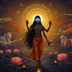 A luminous portrait of Akka Mahadevi, depicted as a beautiful young Indian woman with flowing black hair covering her body, walking barefoot through a mystical Karnataka landscape. She's surrounded by a divine golden aura, with her hands raised in devotional gesture towards a large, ethereal Shiva lingam emanating blue light. The scene features intricate Madhubani-style patterns in the background with motifs of rudraksha beads and crescent moons. Floating vachanas (poetry verses) in golden Kannada script swirl around her like wind. The color palette combines deep indigos, saffron, and burnished gold. Multiple lotus flowers bloom along her path, while sacred bull Nandi appears as a translucent spiritual form in the distance. The lighting is otherworldly with soft glows and spiritual ambiance, combining traditional Indian art elements with contemporary digital aesthetics. Small glowing diyas float around the scene, creating a dreamlike atmosphere. The artwork should maintain a respectful, spiritual tone while capturing both her devotion and revolutionary spirit.