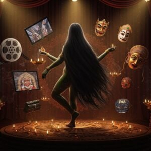 A luminous portrait of Akka Mahadevi in her iconic form, with long flowing black hair covering her body, standing gracefully against a dramatic backdrop of golden theater curtains. She is surrounded by a circular array of floating artistic elements - to her left, vintage film reels spinning with ethereal light, to her right, traditional theater masks in gold and copper. Above her, modern digital screens showing her story blend seamlessly with traditional Kannada manuscript pages. She stands on a stage-like platform decorated with intricate Hoysala-style carvings. Multiple translucent layers of her dancing silhouette appear behind her, representing different artistic interpretations. The scene is illuminated by warm spotlights and floating diyas, creating dramatic shadows. Traditional Vachana symbols and motifs float in the air, rendered in glowing neon colors. The art style combines hyperrealistic digital art with traditional Indian miniature painting techniques, featuring a color palette of deep burgundy, gold, electric blue, and copper. The atmosphere is mystical and theatrical, with swirling wisps of incense smoke adding depth to the composition.