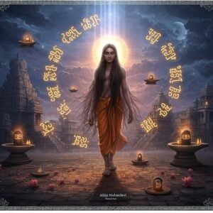 A luminous portrait of Akka Mahadevi in her iconic form, her long flowing hair gracefully covering her body, walking barefoot through a mystical Karnataka landscape. She is surrounded by floating vachanas in traditional Kannada script that emit a soft golden glow. The background features ancient stone temples with intricate Hoysala architecture, their surfaces adorned with detailed carvings. Floating lotuses and lingams appear ethereally around her, symbolizing her devotion to Shiva. The scene is rendered in a fusion of Hoysala art style and modern digital aesthetics, with a color palette of deep indigos, burnt saffron, and moonlit silver. Divine light streams down from above, creating a serene atmosphere. Delicate mandala patterns frame the composition, incorporating motifs from 12th-century Kannada art. The overall image should have a dreamy, spiritual quality with photorealistic details, emphasizing both her scholarly achievements and divine devotion. The lighting should create a dramatic contrast between light and shadow, highlighting her spiritual radiance.