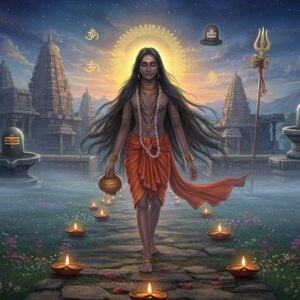 A luminous portrayal of Akka Mahadevi as a beautiful young ascetic woman with long flowing black hair covering her body, walking barefoot on a mystical path through a Karnataka landscape. She radiates divine light, with a golden aura surrounding her. The background features ancient Shaiva temples with intricate stone carvings. Floating Shiva lingams and sacred symbols appear ethereally in the sky. The scene is enhanced with blooming jasmine flowers and deepa (oil lamps) creating a path. The art style merges traditional Hoysala temple art patterns with modern digital aesthetics, using a color palette of deep indigos, celestial blues, and warm golds. Multiple translucent layers show her transformation from a royal princess to an enlightened saint. Sacred symbols of Shiva - trishul, rudraksha beads, and crescent moon - appear as glowing elements. The composition creates a sense of divine movement and spiritual transcendence, with swirling energy patterns and floating lotus petals. Soft mystical fog adds depth while mantras appear as subtle light patterns in the background.