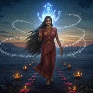 A serene portrait of Akka Mahadevi in traditional 12th-century Kannada attire, her long flowing hair covering her body like a divine garment, walking barefoot through a mystical landscape. She has an ethereal glow around her, with her hands raised in devotion towards a abstract representation of Lord Shiva in the form of a brilliant blue light. The background features intricate Madhubani-style patterns of lotuses and mandalas in deep indigo and gold. Multiple translucent layers of her vachanas in Kannada script float like gossamer in the air, transforming into spiraling light particles. The scene is set in a twilight atmosphere with soft, diffused lighting creating a dreamlike quality. Floating diyas and glowing flowers create a path before her. The art style combines hyperrealistic digital rendering with traditional Indian art elements, creating a surreal and spiritual atmosphere. The color palette includes deep blues, burnished gold, and subtle earth tones, with hints of celestial white light. The composition emphasizes both her devotion and her enlightened state, with subtle elements of Lingayat philosophy represented through symbolic motifs.
