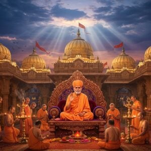 A majestic Indian temple complex in Akkalkot at twilight, with Swami Samarth's iconic figure seated in padmasana on an ornate wooden seat, wearing saffron robes and a white turban, his right hand raised in blessing. The temple architecture features intricate Maratha-style carved pillars and domes illuminated by warm golden light. In the foreground, devotees in traditional Maharashtra attire perform aarti with brass lamps creating a mystical glow. The background shows a deep blue-purple sky with ethereal rays of light breaking through clouds, forming a divine halo behind Swami Samarth. Floating lotus flowers, sacred rudraksha beads, and vibhuti particles create a magical atmosphere. The scene is rendered in a fusion of Pattachitra and modern digital art style, with rich colors of deep maroon, saffron, and peacock blue. Detailed mandalas and traditional Maharashtrian motifs adorn the temple walls, while soft light particles and subtle smoke from incense create depth and spirituality in the composition.