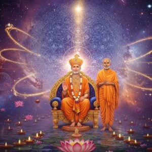 A divine ethereal scene showing Lord Swaminarayan seated in padmasana on an ornate golden throne, emanating brilliant rays of light, wearing saffron dhoti and shoulder cloth with intricate gold embroidery. To His right stands Gunatitanand Swami in white sadhu robes, radiating a subtle golden aura. Behind them is a massive glowing mandala in shades of deep blue and gold, with intricate Sanskrit geometric patterns. The foreground features a stylized lotus pond with floating diyas. Multiple rings of light form concentric circles around them, representing the concept of Akshar and Purushottam. The scene is set in a cosmic space with swirling galaxies and stars in deep purples and blues. Floating spiritual symbols like the tilak-chandlo, lotus flowers, and sacred threads appear ethereally in the space. The lighting is dramatic with golden god rays piercing through clouds, creating a mystical atmosphere. The art style merges traditional Indian Pattachitra patterns with modern digital art techniques, using a color palette of royal blues, saffron, gold, and cosmic purples. High-quality digital art with photorealistic details and surreal elements.