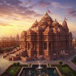 A magnificent aerial view of Akshardham Temple at golden hour, with its intricate pink sandstone and marble architecture rising majestically against a dreamy sunset sky filled with soft purple and orange clouds. The central temple's ornate spires and 234 carved pillars are depicted in precise detail, reflecting in the surrounding crystal-clear pools. The main dome radiates ethereal golden light, creating a halo effect. Thousands of delicate carved elephants, dancers, and deities adorning the temple walls are visible in stunning detail. Traditional mandala patterns float in the air, emitting a soft spiritual glow. The foreground features the temple's pristine gardens with vibrant lotus flowers and peaceful fountains. The scene combines hyperrealistic architectural details with magical elements like floating light orbs and glowing mandalas. The lighting emphasizes the intricate carvings while maintaining a serene, spiritual atmosphere. Art style merges photorealistic architecture with ethereal Indian artistic elements, rendered in rich golds, warm pinks, and deep peacock blues. The perspective captures both the temple's grandeur and its spiritual essence.