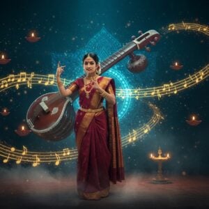 A ethereal scene showing a graceful Indian female classical singer in a flowing silk saree (deep burgundy with gold border) performing on stage, her hands gesturing elegantly in mudras. Musical notes transform into golden, ornate patterns and alankaras that swirl around her in spiral formations, creating mandala-like structures in the air. The background features a large, glowing peacock blue and gold Veena emerging from a lotus, its strings emanating waves of light in traditional Madhubani pattern styles. Floating diyas with soft golden flames illuminate the scene, casting a warm glow. The atmosphere is mystical with subtle fog effects and shimmering particles. Multiple smaller traditional instruments like sitar, tabla, and tampura appear as translucent, ethereal forms in the background. The color palette combines rich jewel tones (deep blues, maroons, and emerald greens) with metallic gold accents. The art style merges hyperrealistic digital rendering with traditional Indian Pattachitra patterns. The singer's jewelry includes intricate temple design pieces that catch and reflect light.
