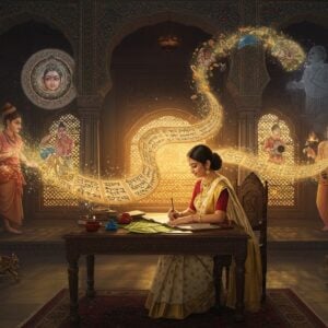 A majestic Indian library setting with intricate Madhubani-style borders, featuring a young Indian woman in a cream and gold silk saree seated at an ornate wooden desk. She's writing on a traditional palm leaf manuscript with golden ink that seems to float and transform into ethereal peacocks, lotus flowers, and melodious musical notes in the air. The surrounding walls feature floating, glowing mandalas with different rasas (emotions) depicted in traditional Pattachitra style - shringara (love), veera (courage), karuna (compassion). Magical streams of Sanskrit verses flow like ribbons around her, transforming into vibrant metaphors - mirrors for upama, golden chains for rupaka, and shimmering rainbows for utpreksha. The scene is illuminated by warm, golden light filtering through ornate jharokha windows, casting artistic shadows. In the background, ethereal figures of ancient Indian poets like Kalidasa and Bharavi appear as subtle, translucent forms. The color palette combines deep royal blues, burnished golds, and rich maroons with subtle pastels. The composition should blend hyperrealistic details with surreal, floating elements, creating a dreamlike atmosphere that bridges classical and contemporary aesthetics.