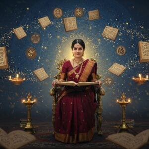 A mesmerizing Indian female scholar in a deep maroon silk saree with gold border, seated in a traditional brass study chair against an ethereal backdrop. She's illuminated by warm golden light, surrounded by floating, glowing Sanskrit manuscripts with intricate Madhubani-style decorative borders. Swirling around her are visual representations of classical Alankaras - a peacock made of flowing calligraphy (Upama), intertwined lotus vines forming mirror images (Yamaka), and shimmering metaphorical symbols like a moon-faced maiden (Rupaka). The background features a large, detailed mandala pattern in peacock blue and gold, with each layer containing miniature artistic depictions of different Alankaras. Traditional oil lamps cast a warm glow, creating dancing shadows that form poetic patterns. The scene combines photorealistic rendering with magical realism, featuring floating golden particles and ethereal light effects. The color palette focuses on rich jewel tones - deep maroon, royal blue, antique gold, and touches of emerald green, all rendered in a style merging traditional Indian miniature painting with modern digital art techniques.