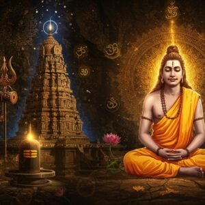 A mystical scene depicting Allama Prabhu in traditional Veerashaiva attire, seated in deep meditation near the iconic Kalyana cave temple, illuminated by ethereal golden light. His face radiates divine serenity, with long flowing hair and eyes closed in contemplation. Around him float intricate Kannada-style mandalas and Vachana symbols in metallic copper and deep blue hues. The background features a seamless blend of ancient temple architecture and contemporary geometric patterns. Sacred symbols of Shiva - the lingam, trishul, and crescent moon - emerge from swirling energy patterns in peacock blue and saffron. Soft, glowing orbs of light dance around the scene, while stylized lotus flowers in gold and maroon frame the composition. The art style combines traditional Kalamkari patterns with modern digital art techniques, creating a surreal, timeless atmosphere. Multiple translucent layers show Allama Prabhu both as a philosopher and a mystic poet. The lighting is dramatic with warm golden rays filtering through the scene, casting sacred geometric shadows.