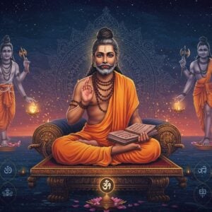 A serene portrait of Allama Prabhu in traditional Veerashaiva attire, seated in padmasana on a mystical platform adorned with Lingayat symbols. He wears simple white clothing with rudraksha beads, his face radiating divine wisdom with a subtle golden aura. His right hand is raised in chin mudra while his left holds ancient palm-leaf manuscripts. The background features a large, intricate mandala in deep indigo and gold, incorporating Kannada-style artistic motifs. Floating around him are ethereal visions of his famous vacanas represented as swirling, luminescent patterns in shades of saffron and azure. The scene is illuminated by soft, otherworldly light creating a gradient from deep midnight blue to dawn pink. Sacred geometry patterns and Shaivite symbols float in the space around him. The art style combines traditional Mysore painting techniques with modern digital aesthetics, featuring high contrast and rich textures. Subtle light particles and lotus petals drift through the scene, while minimal golden lines trace sacred geometric patterns in the space around him.